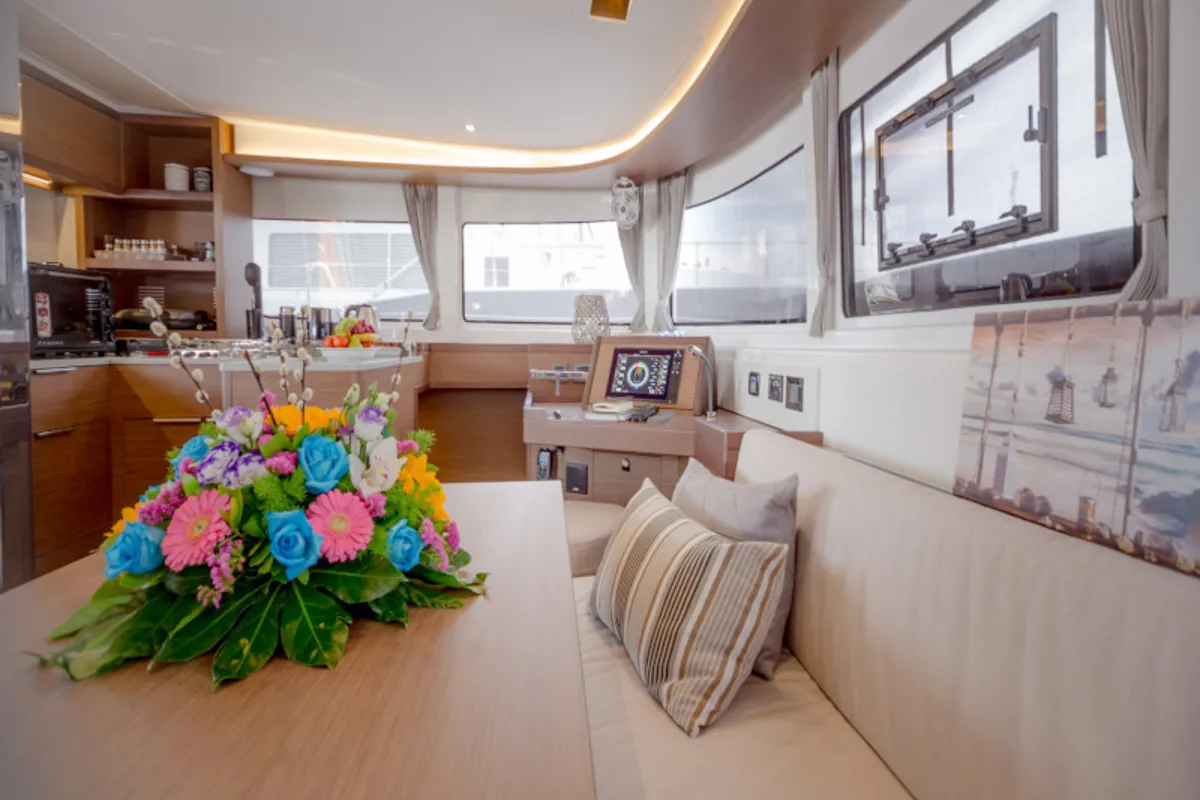 Salon of Alice, a Lagoon 46 catamaran at Athens, Greece