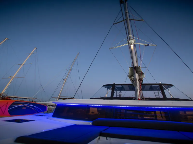 Exterior view of Alice, a Lagoon 46 catamaran at Athens, Greece
