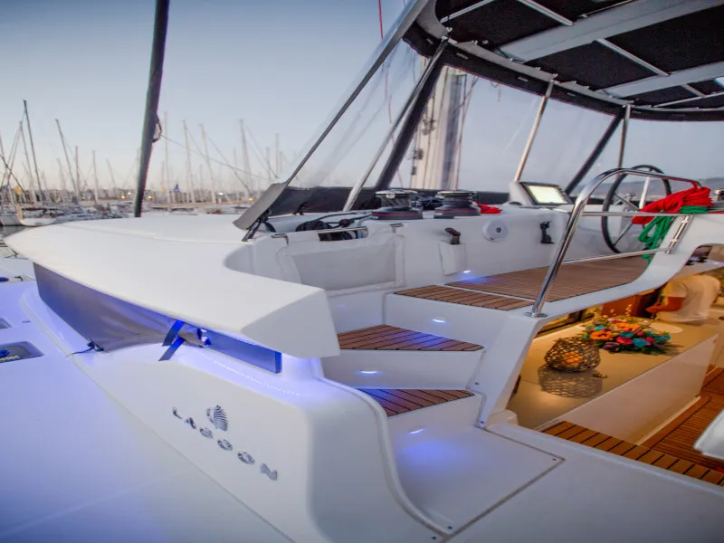 Cockpit of Alice, a Lagoon 46 catamaran at Athens, Greece