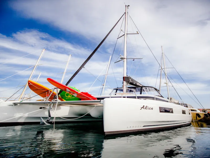 Exterior view of Alice, a Lagoon 46 catamaran at Athens, Greece