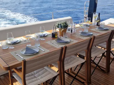 Deck of Ankawer VI, a Sunreef 70 catamaran at Olbia, Italy