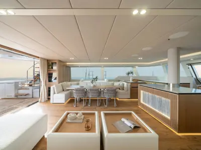 Salon of Ankawer VI, a Sunreef 70 catamaran at Olbia, Italy