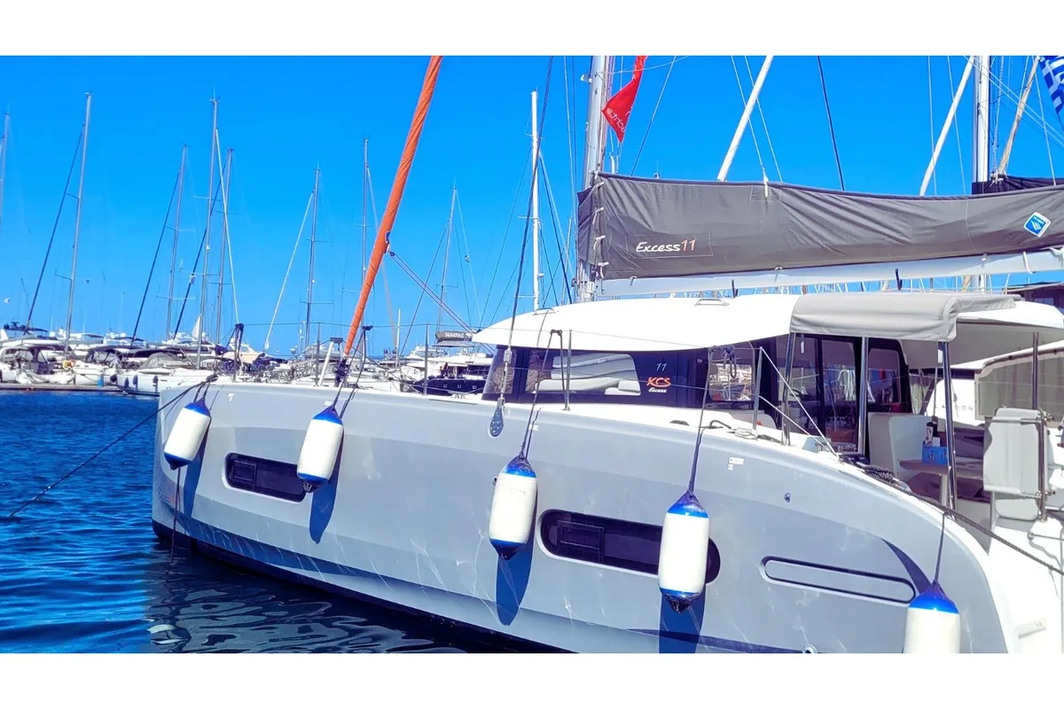 Exterior view of Eleftheria, a Excess 11 catamaran at Benitses, Greece