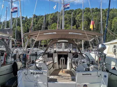 Cockpit of My Pearl, a Jeanneau Sun Odyssey 389 sailboat at Skradin, Croatia