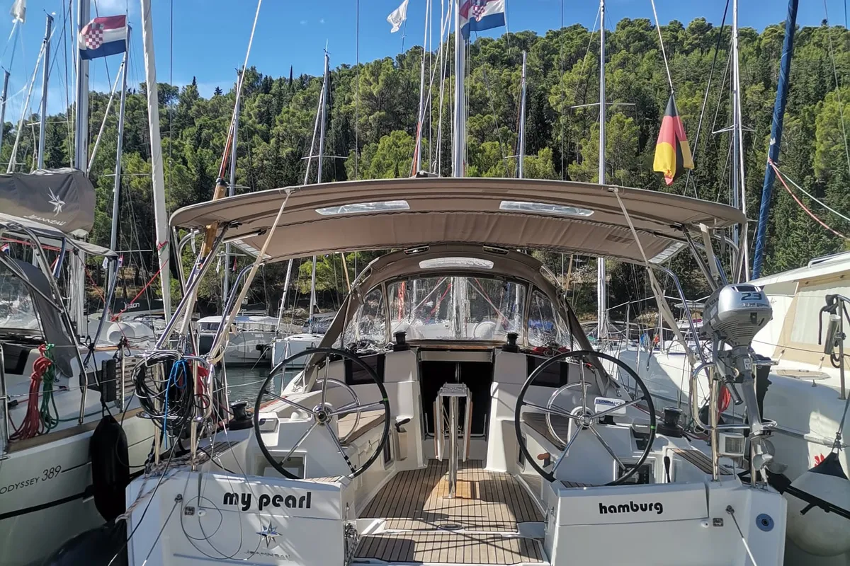 Cockpit of My Pearl, a Jeanneau Sun Odyssey 389 sailboat at Skradin, Croatia