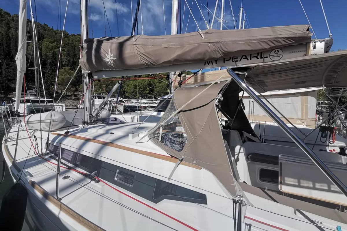 Exterior view of My Pearl, a Jeanneau Sun Odyssey 389 sailboat at Skradin, Croatia