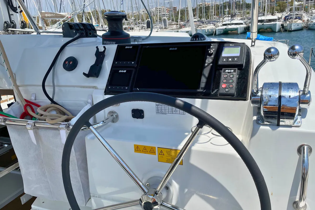 Cockpit of Drifter, a Lagoon 40 catamaran at Municipal Unit of Lefkada, Greece