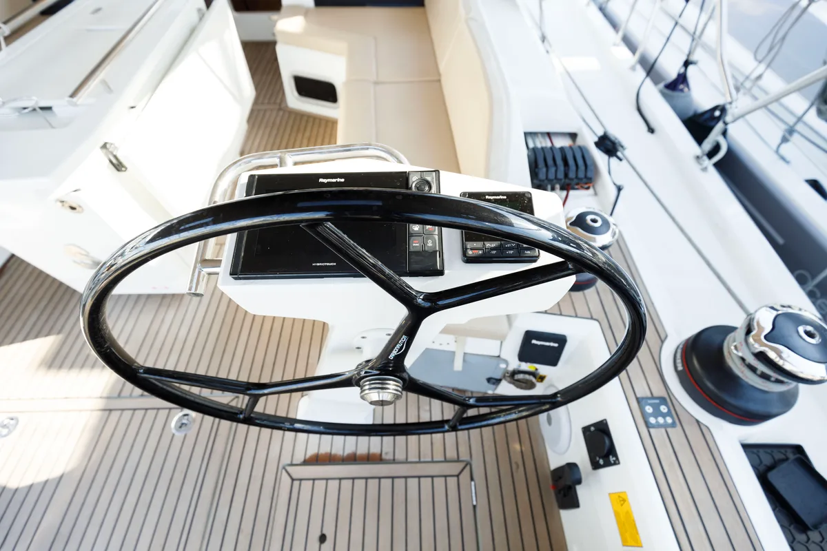 Cockpit of Amelie, a Beneteau Oceanis 51.1 sailboat at Kos, Greece