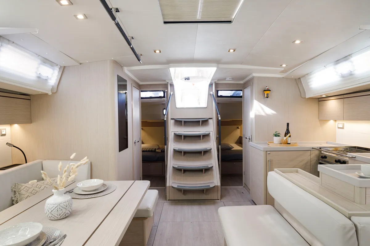 Salon of Amelie, a Beneteau Oceanis 51.1 sailboat at Kos, Greece