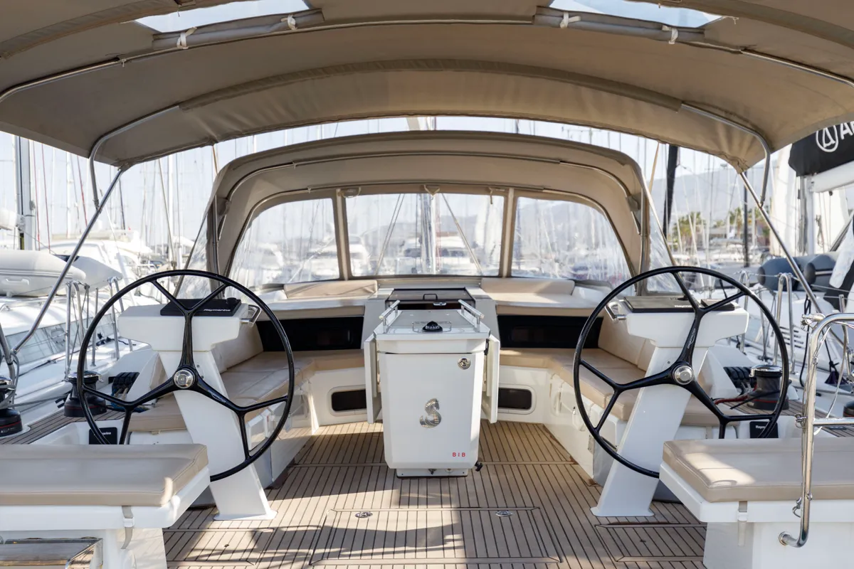 Cockpit of Amelie, a Beneteau Oceanis 51.1 sailboat at Kos, Greece