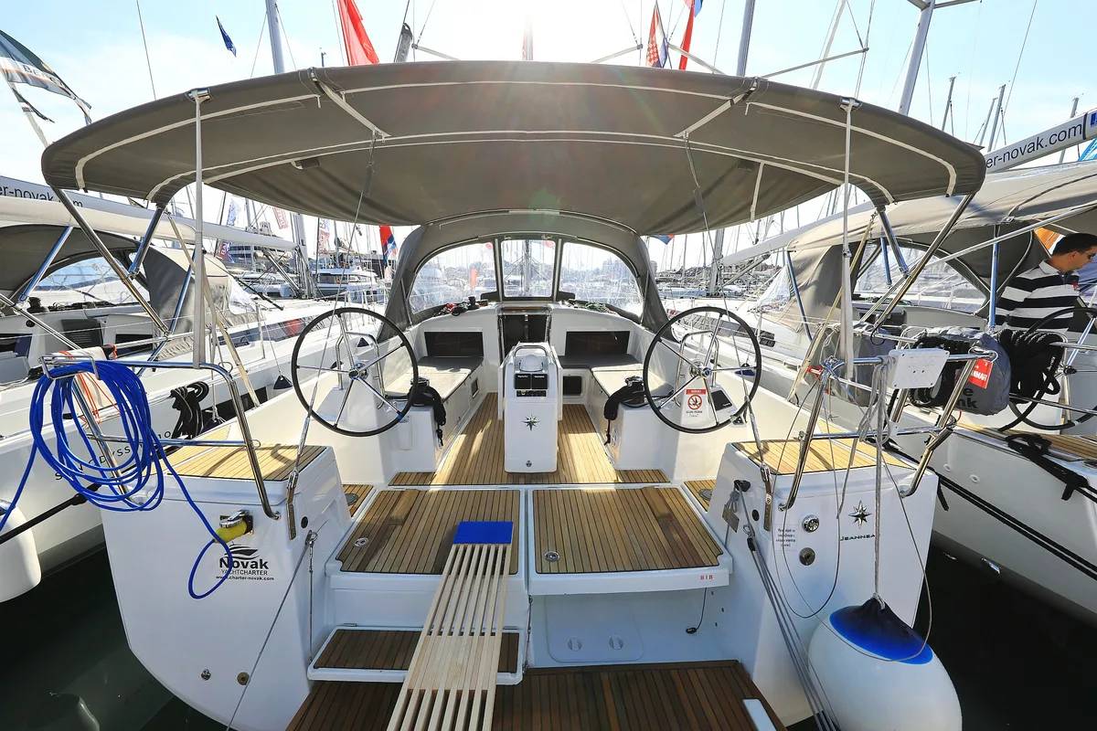 Cockpit of Dioniz, a Jeanneau Sun Odyssey 490 sailboat at Grad Biograd na Moru, Croatia