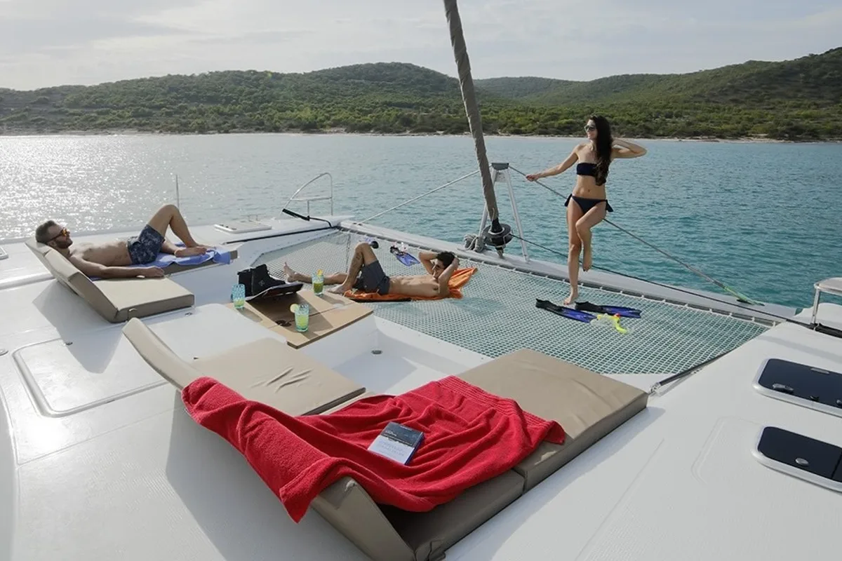 Deck of New Horizons 2, a Fountaine Pajot Saba 50 catamaran at Municipal Unit of Nea Peramos, Greece