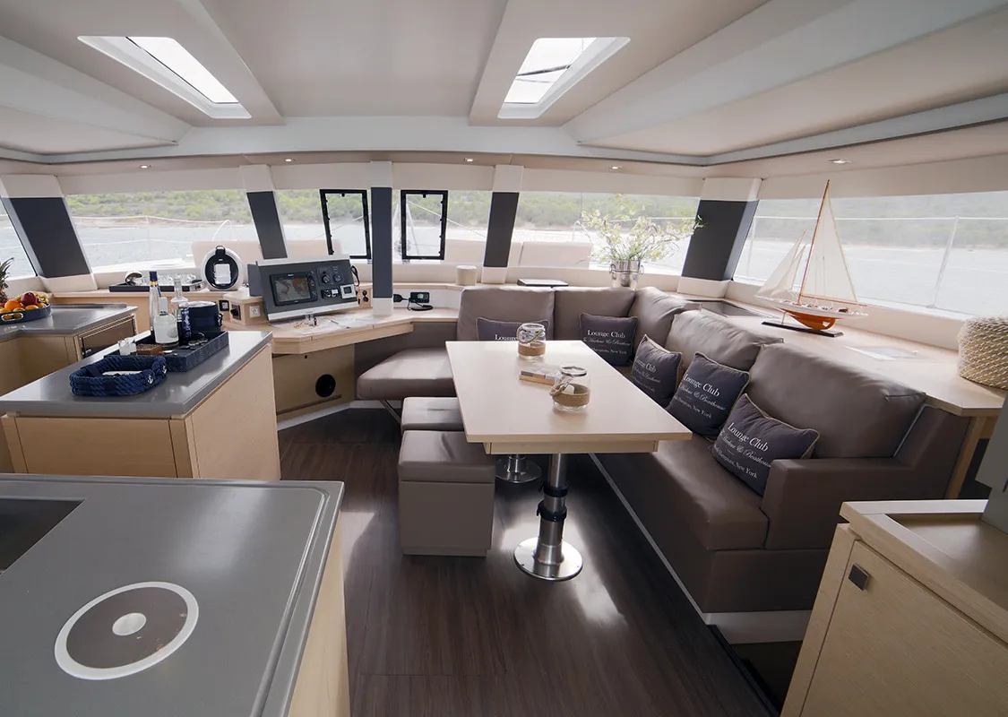 Salon of New Horizons 2, a Fountaine Pajot Saba 50 catamaran at Municipal Unit of Nea Peramos, Greece