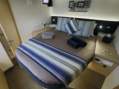 Cabin on New Horizons 2, a Fountaine Pajot Saba 50 catamaran at Municipal Unit of Nea Peramos, Greece