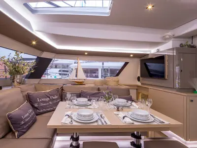 Salon of New Horizons 2, a Fountaine Pajot Saba 50 catamaran at Municipal Unit of Nea Peramos, Greece