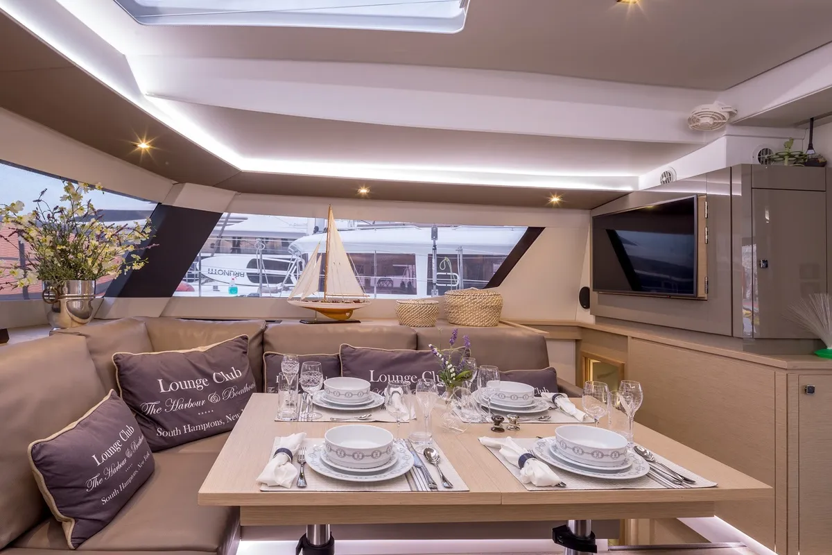 Salon of New Horizons 2, a Fountaine Pajot Saba 50 catamaran at Municipal Unit of Nea Peramos, Greece