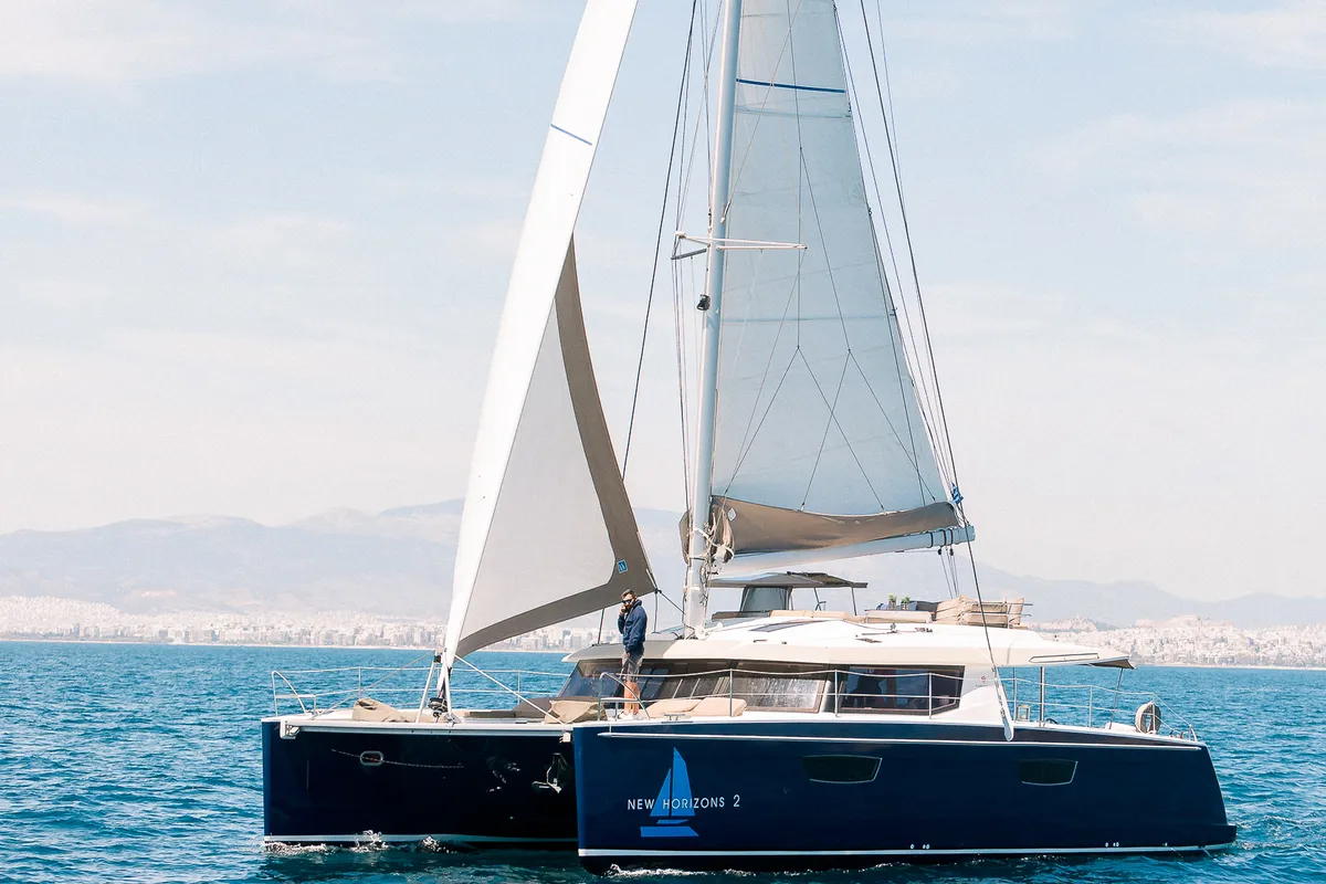 Exterior view of New Horizons 2, a Fountaine Pajot Saba 50 catamaran at Municipal Unit of Nea Peramos, Greece