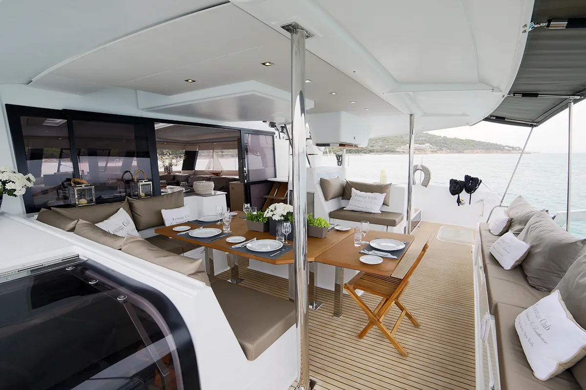 Deck of New Horizons 2, a Fountaine Pajot Saba 50 catamaran at Municipal Unit of Nea Peramos, Greece