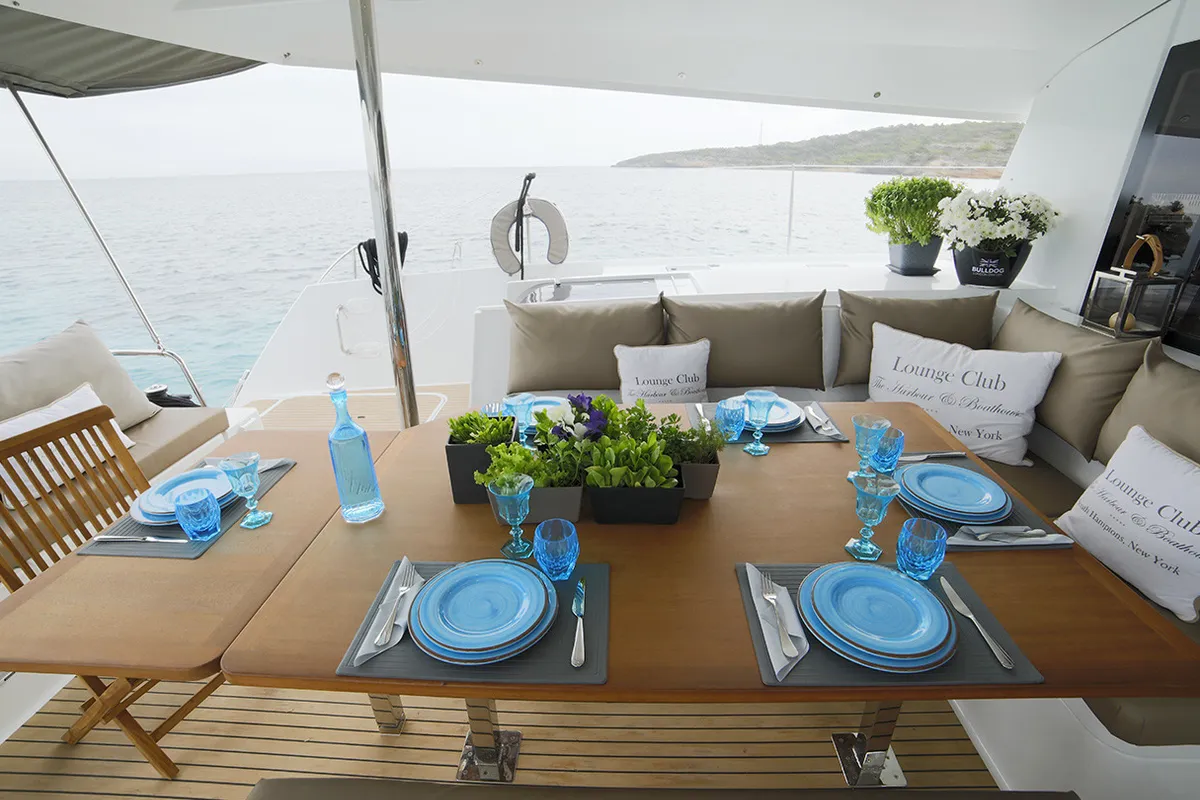 Deck of New Horizons 2, a Fountaine Pajot Saba 50 catamaran at Municipal Unit of Nea Peramos, Greece