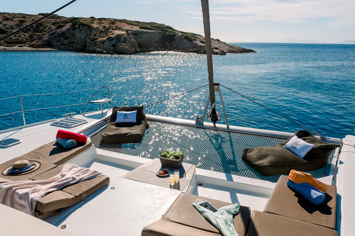 Deck of New Horizons 2, a Fountaine Pajot Saba 50 catamaran at Municipal Unit of Nea Peramos, Greece