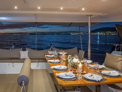Deck of New Horizons 2, a Fountaine Pajot Saba 50 catamaran at Municipal Unit of Nea Peramos, Greece