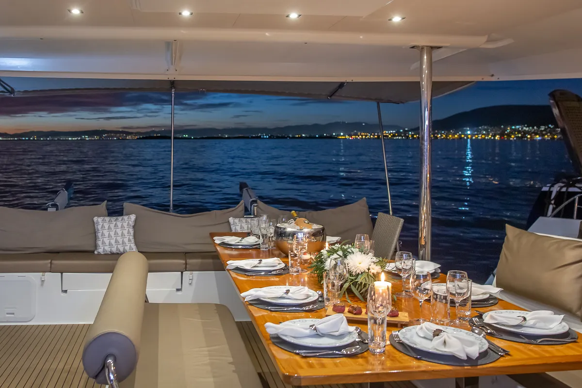 Deck of New Horizons 2, a Fountaine Pajot Saba 50 catamaran at Municipal Unit of Nea Peramos, Greece