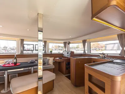 Salon of Amici, a Lagoon 42 catamaran at Athens, Greece