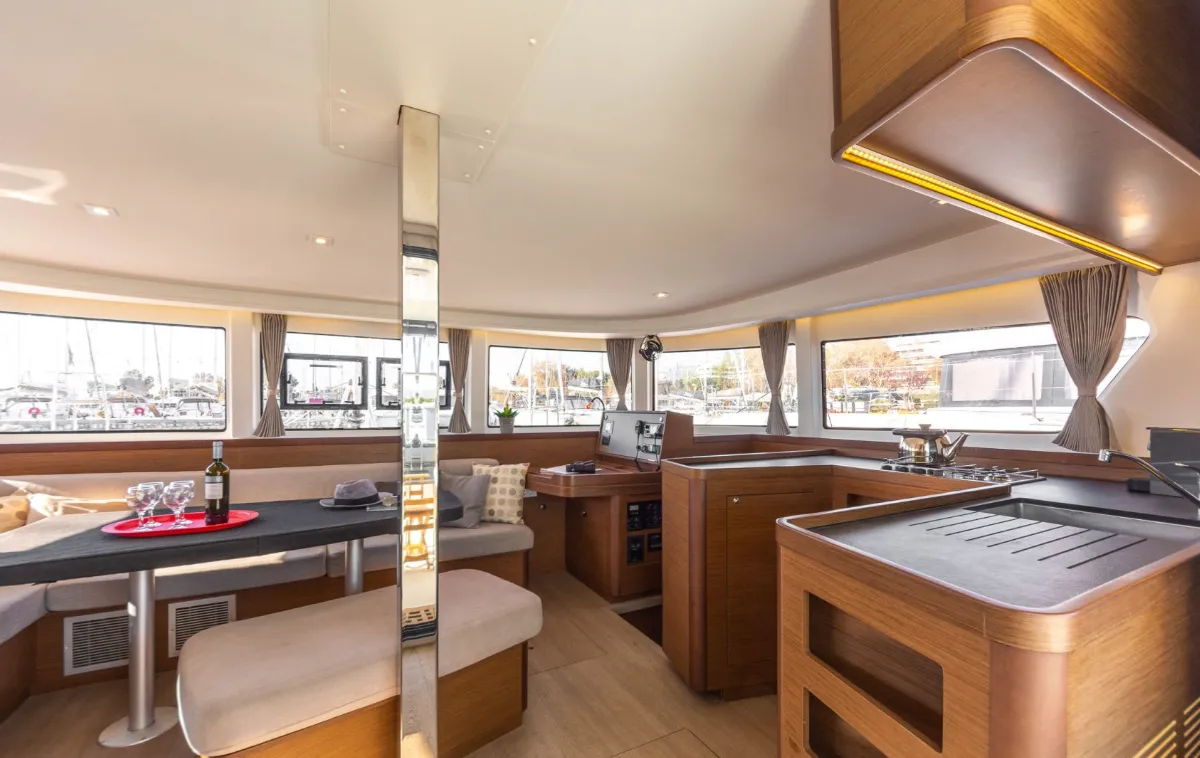 Salon of Amici, a Lagoon 42 catamaran at Athens, Greece