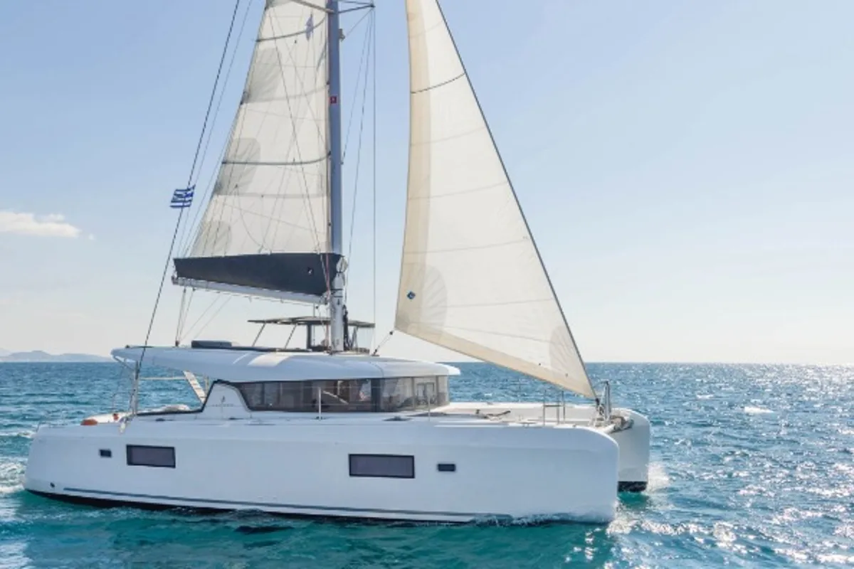 Exterior view of Amici, a Lagoon 42 catamaran at Athens, Greece