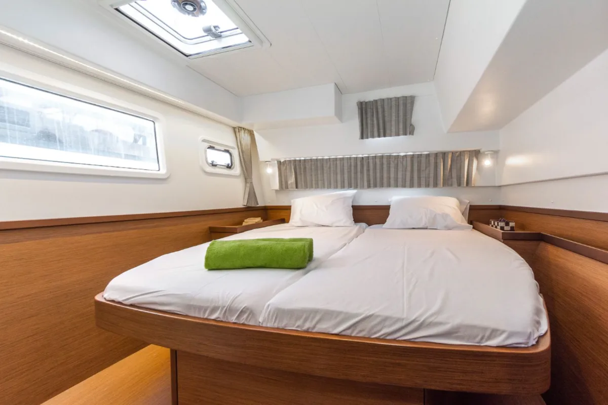 Cabin on Amici, a Lagoon 42 catamaran at Athens, Greece