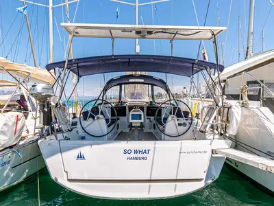 Cockpit of So What, a Dufour 382 GL sailboat at Kontokali, Greece