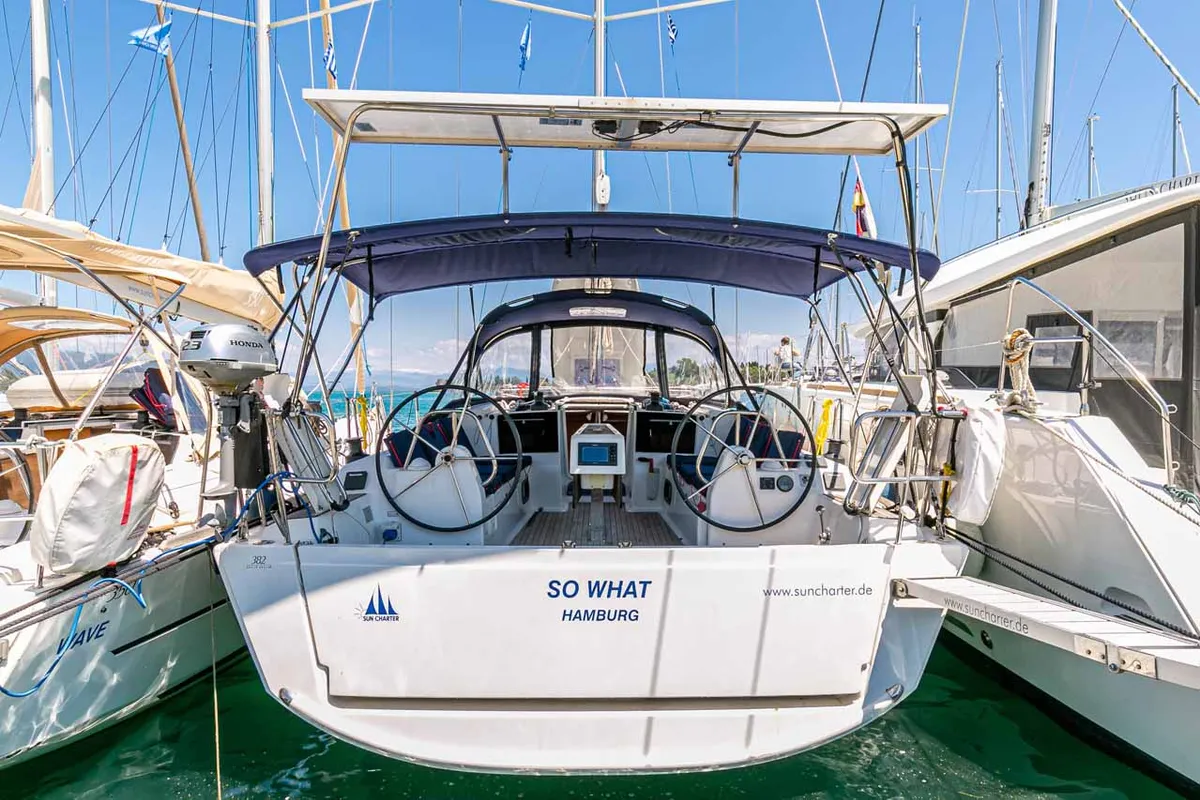 Cockpit of So What, a Dufour 382 GL sailboat at Kontokali, Greece