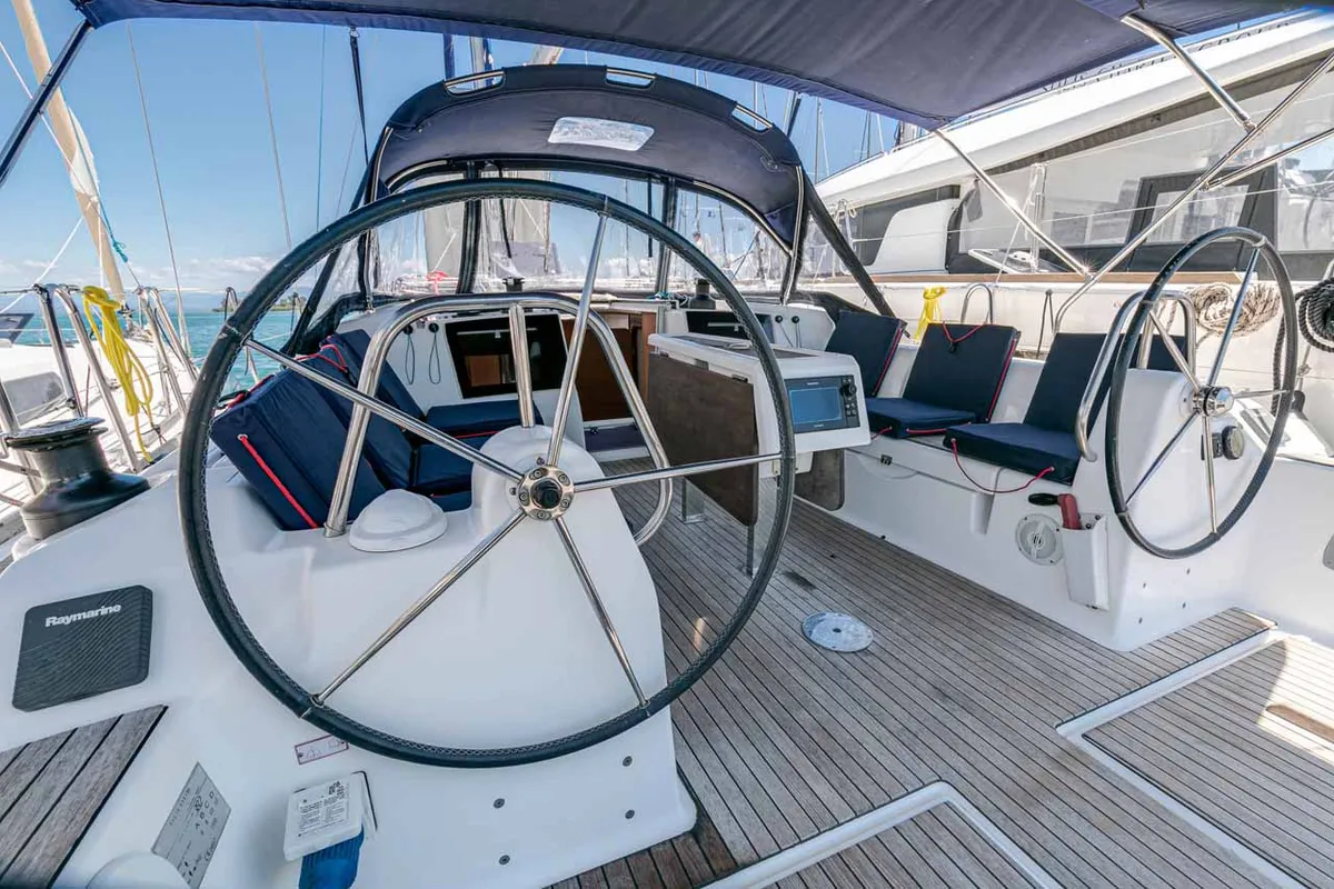 Cockpit of So What, a Dufour 382 GL sailboat at Kontokali, Greece