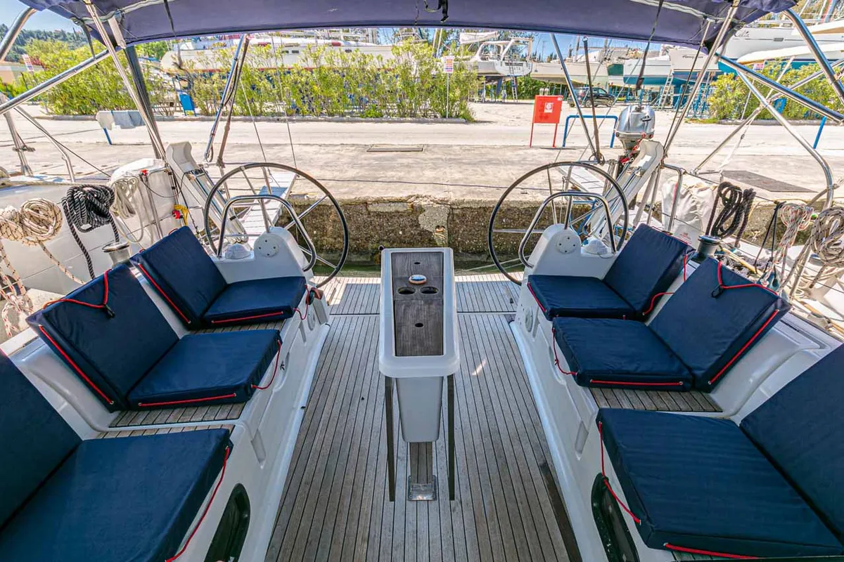 Cockpit of So What, a Dufour 382 GL sailboat at Kontokali, Greece