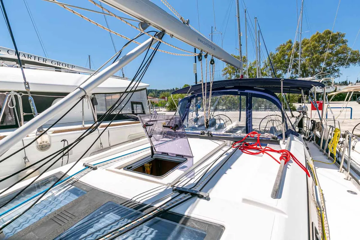 Deck of So What, a Dufour 382 GL sailboat at Kontokali, Greece