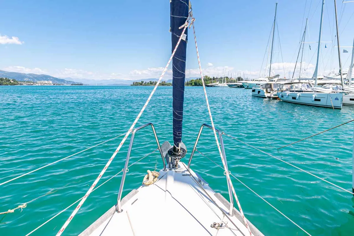 Deck of So What, a Dufour 382 GL sailboat at Kontokali, Greece