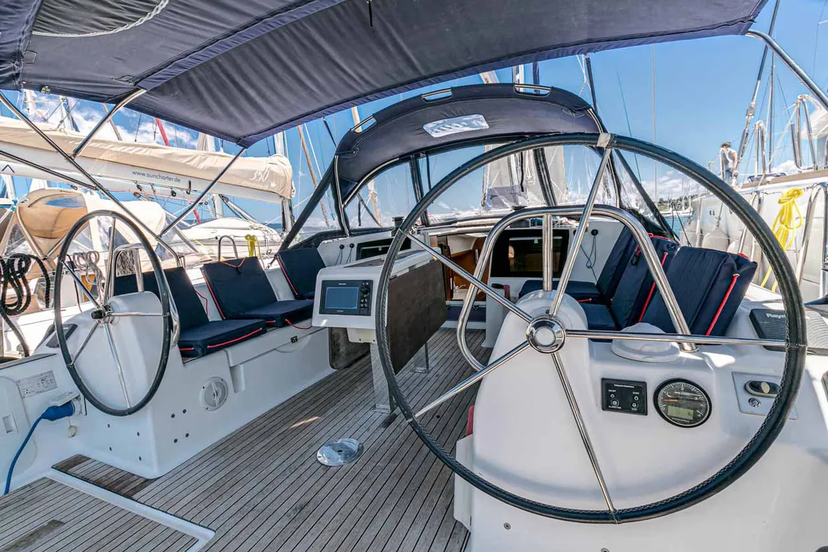 Cockpit of So What, a Dufour 382 GL sailboat at Kontokali, Greece