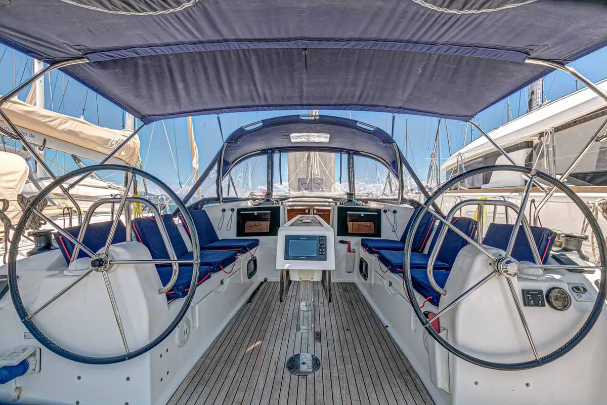 Cockpit of So What, a Dufour 382 GL sailboat at Kontokali, Greece