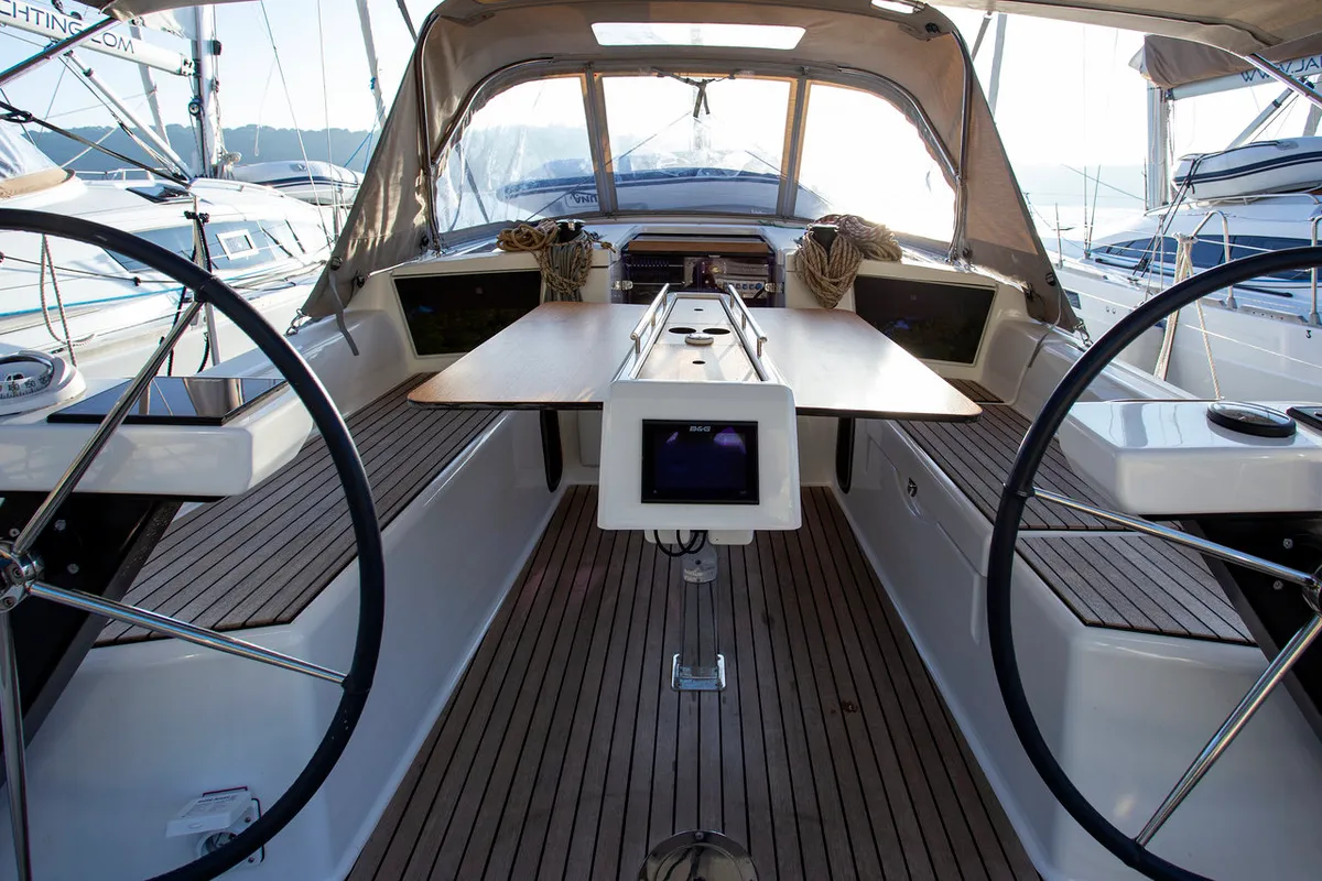 Cockpit of Vanila, a Dufour 360 GL sailboat at Mali Lošinj, Croatia