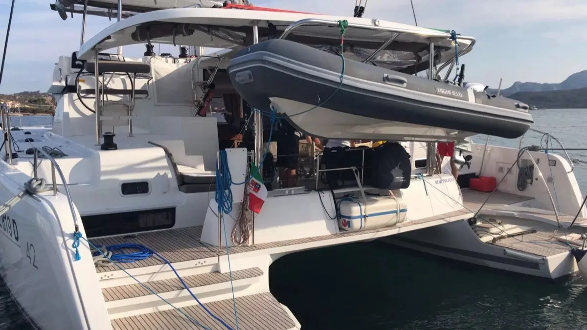 Exterior view of Benetnash II, a Lagoon 42 catamaran at Olbia, Italy