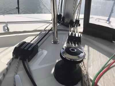 Cockpit of Benetnash II, a Lagoon 42 catamaran at Olbia, Italy
