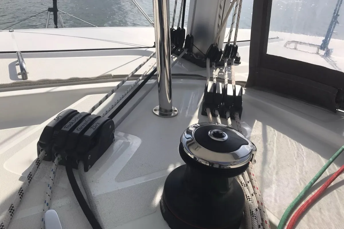 Cockpit of Benetnash II, a Lagoon 42 catamaran at Olbia, Italy