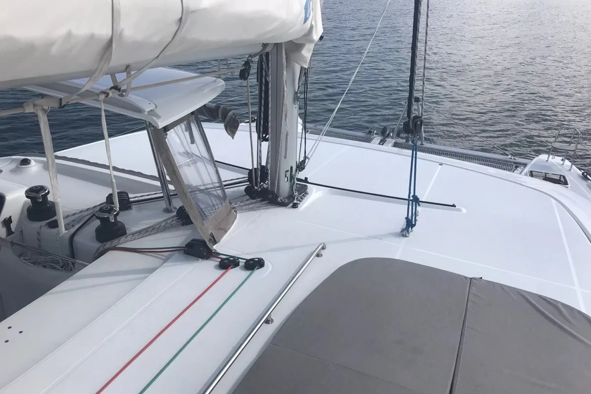 Deck of Benetnash II, a Lagoon 42 catamaran at Olbia, Italy