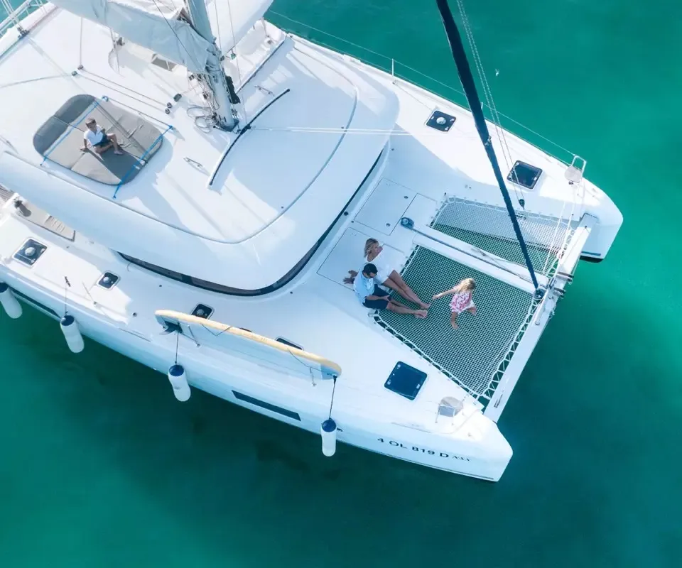 Exterior view of Benetnash II, a Lagoon 42 catamaran at Olbia, Italy