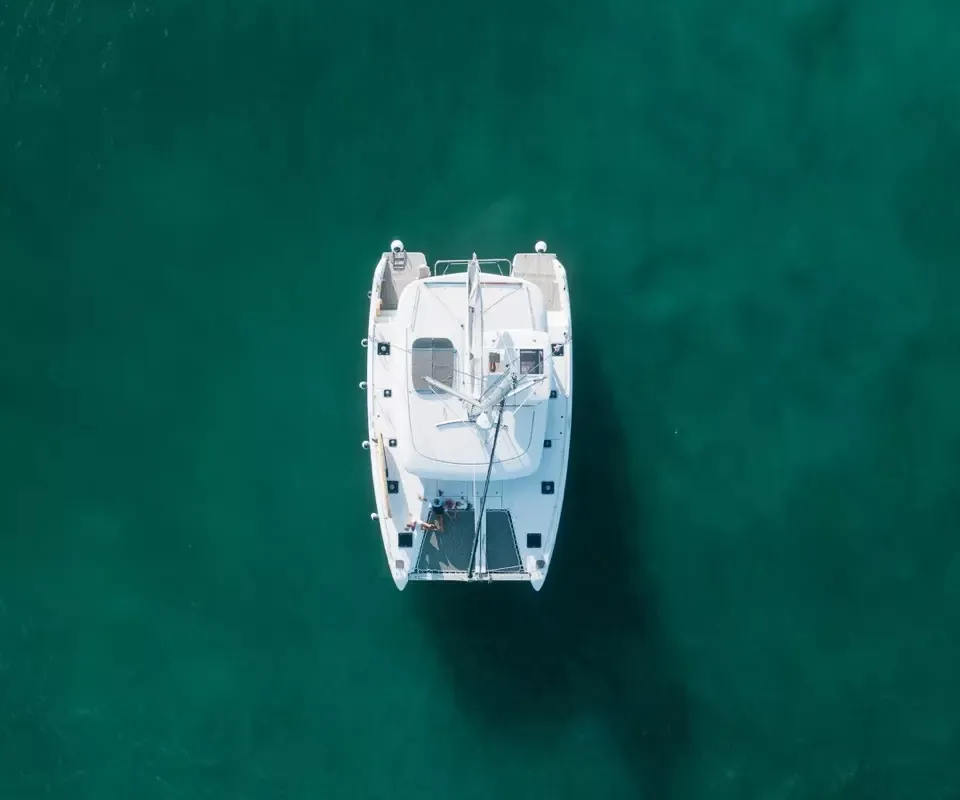 Exterior view of Benetnash II, a Lagoon 42 catamaran at Olbia, Italy