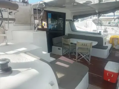 Deck of Benetnash II, a Lagoon 42 catamaran at Olbia, Italy