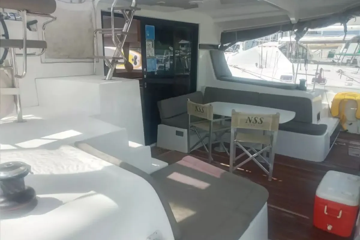 Deck of Benetnash II, a Lagoon 42 catamaran at Olbia, Italy