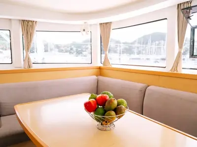 Salon of Benetnash II, a Lagoon 42 catamaran at Olbia, Italy