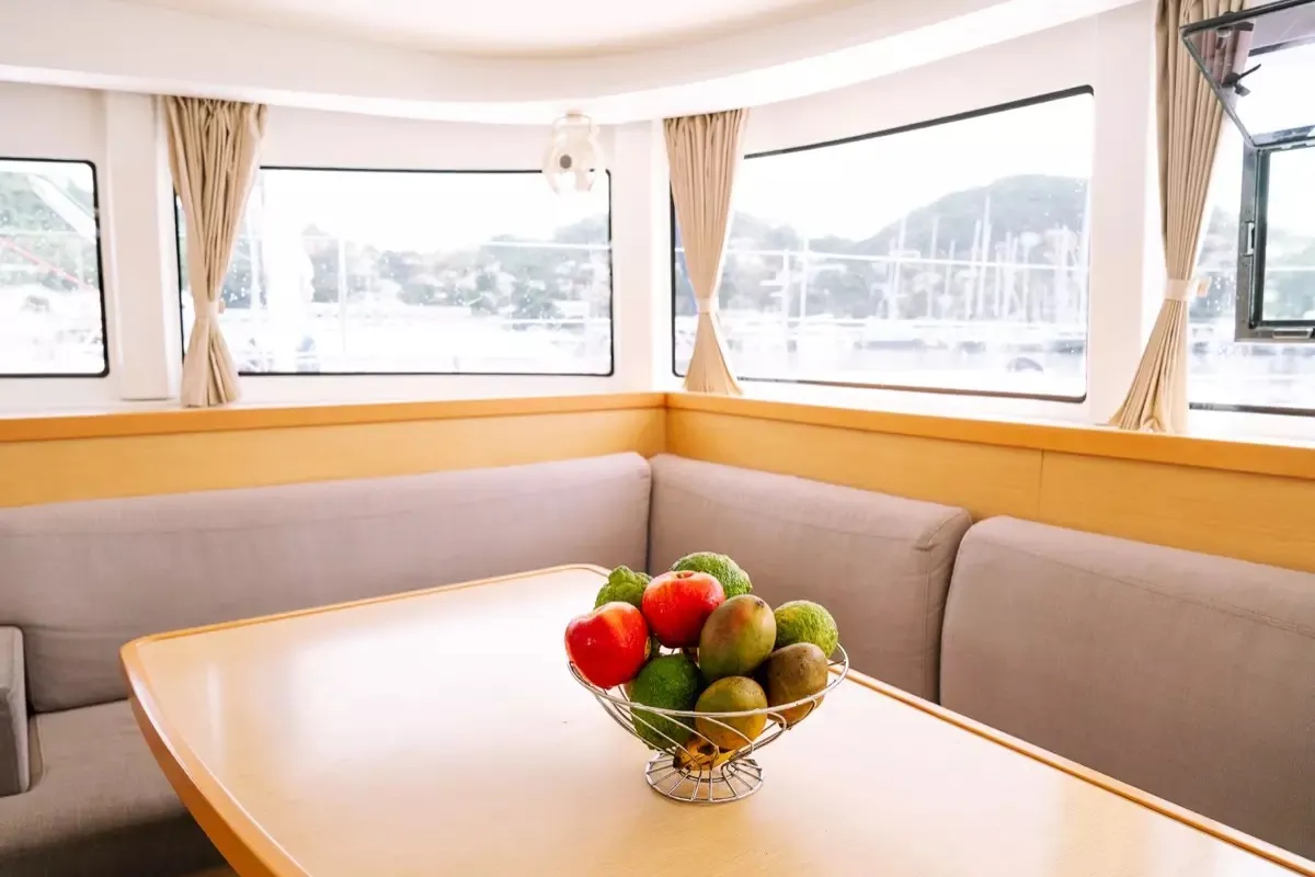 Salon of Benetnash II, a Lagoon 42 catamaran at Olbia, Italy