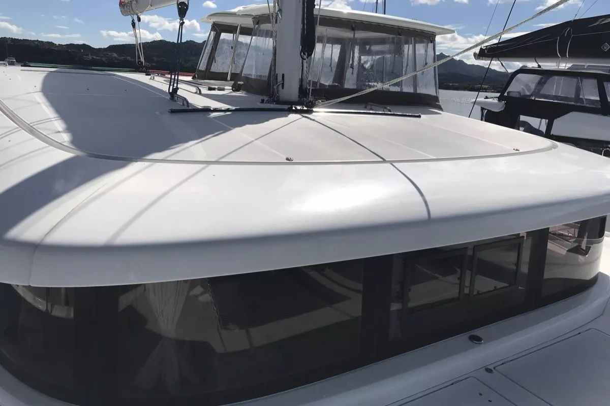 Deck of Benetnash II, a Lagoon 42 catamaran at Olbia, Italy